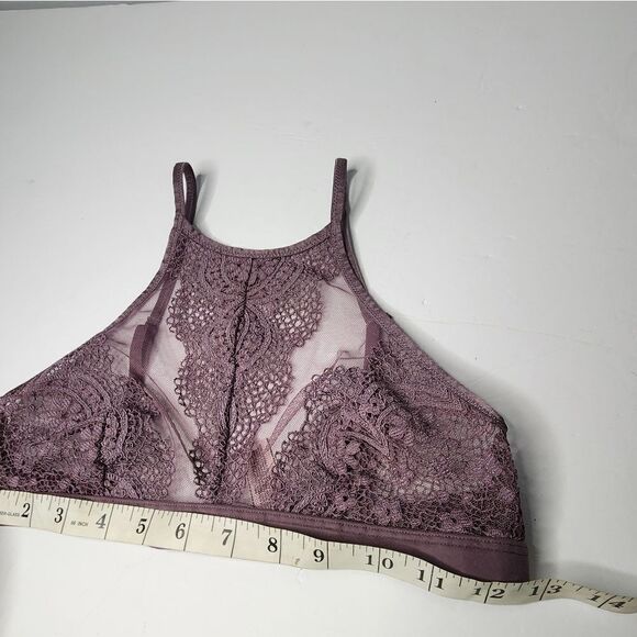 Victoria's Secret High Neck Bralette Size Small Purple Lace Sheer Clasp Back - Picture 3 of 5
